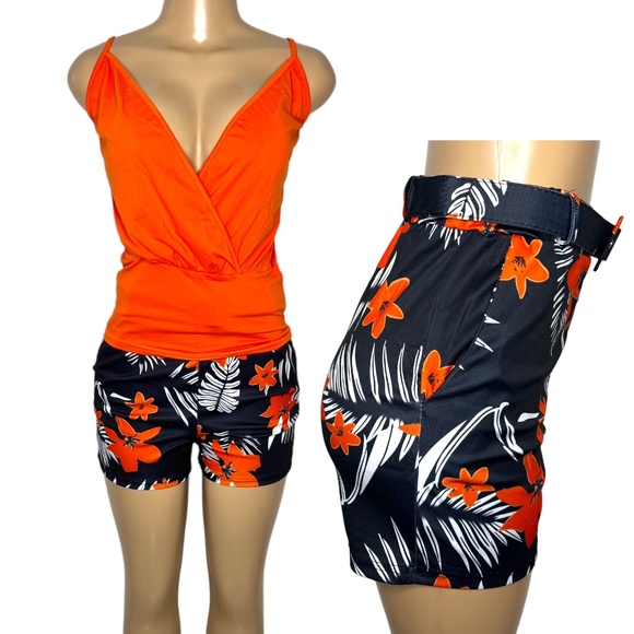 Danyali Fashion Pants - New Black and Orange Women Outfit Set Size M and L Stretchy Short and Wrap Top